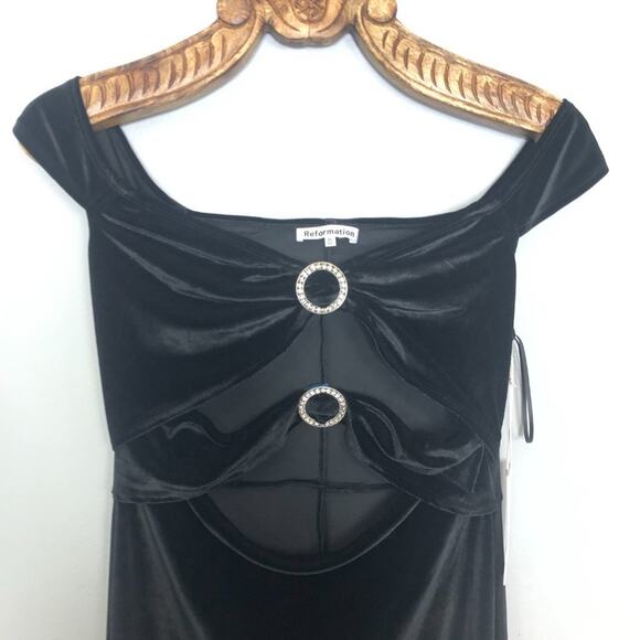 Reformation Lantern Velvet Midi Dress Embellished Cutout Bardot Off the Shoulder - Picture 2 of 12